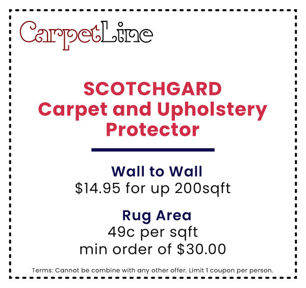 Scotchgard Carpet and Upholstery Protector Wall to Wall $14.95 for up 200sqft, Rug Area 49c per sqft minimum order $30.00